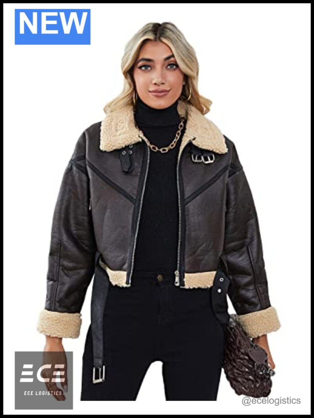 Faux Lamb Fur Leather Bomber Aviator Coat Cropped Zip Jacket